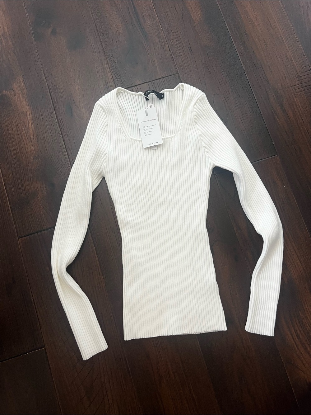 Ribbed Long-Sleeve Square Neck ribbed Top - White